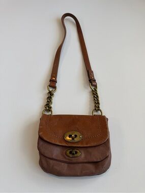 Fossil Mason Mini Flap Crossbody Bag Cognac Brown Genuine Leather Gold Vintage